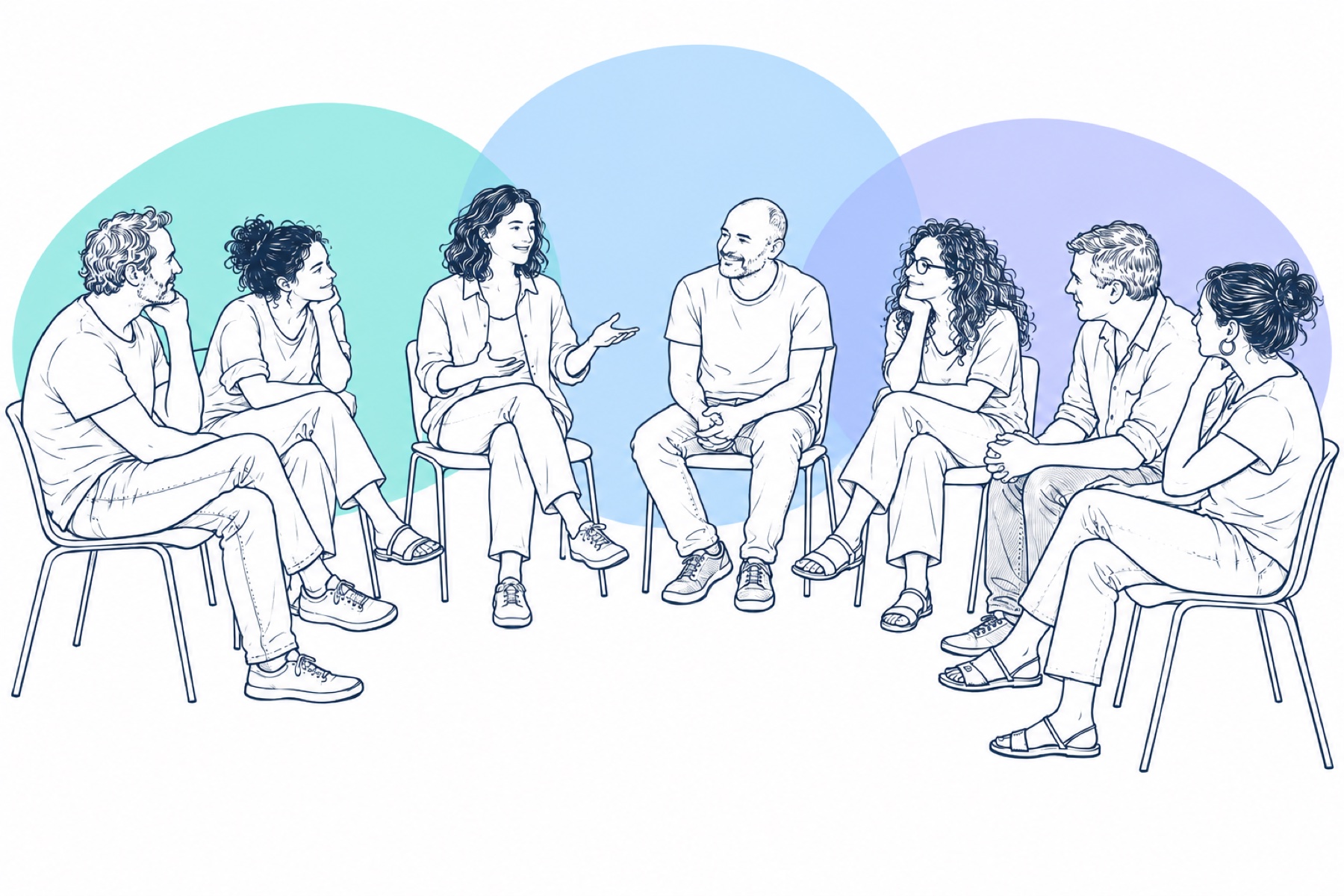 איור קו כחול: קבוצת אנשים יושבת במעגל ומשוחחת, על רקע עיגולי צבע בגוני המותג